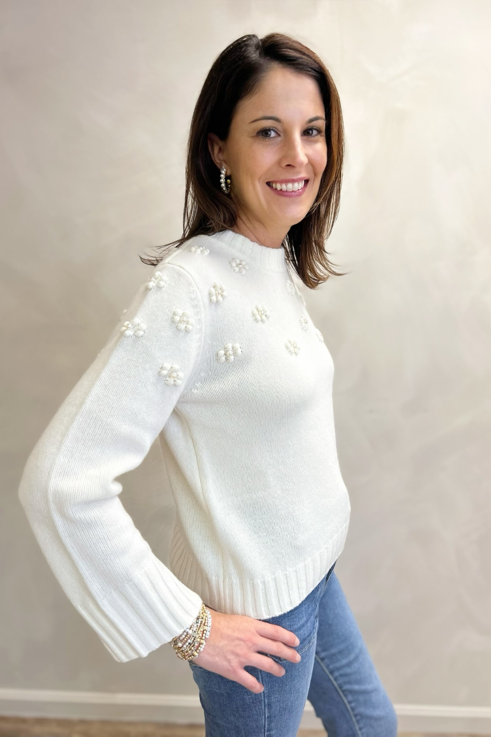 Tribal Crew Neck Sweater w/ Embroidery - Moonstone