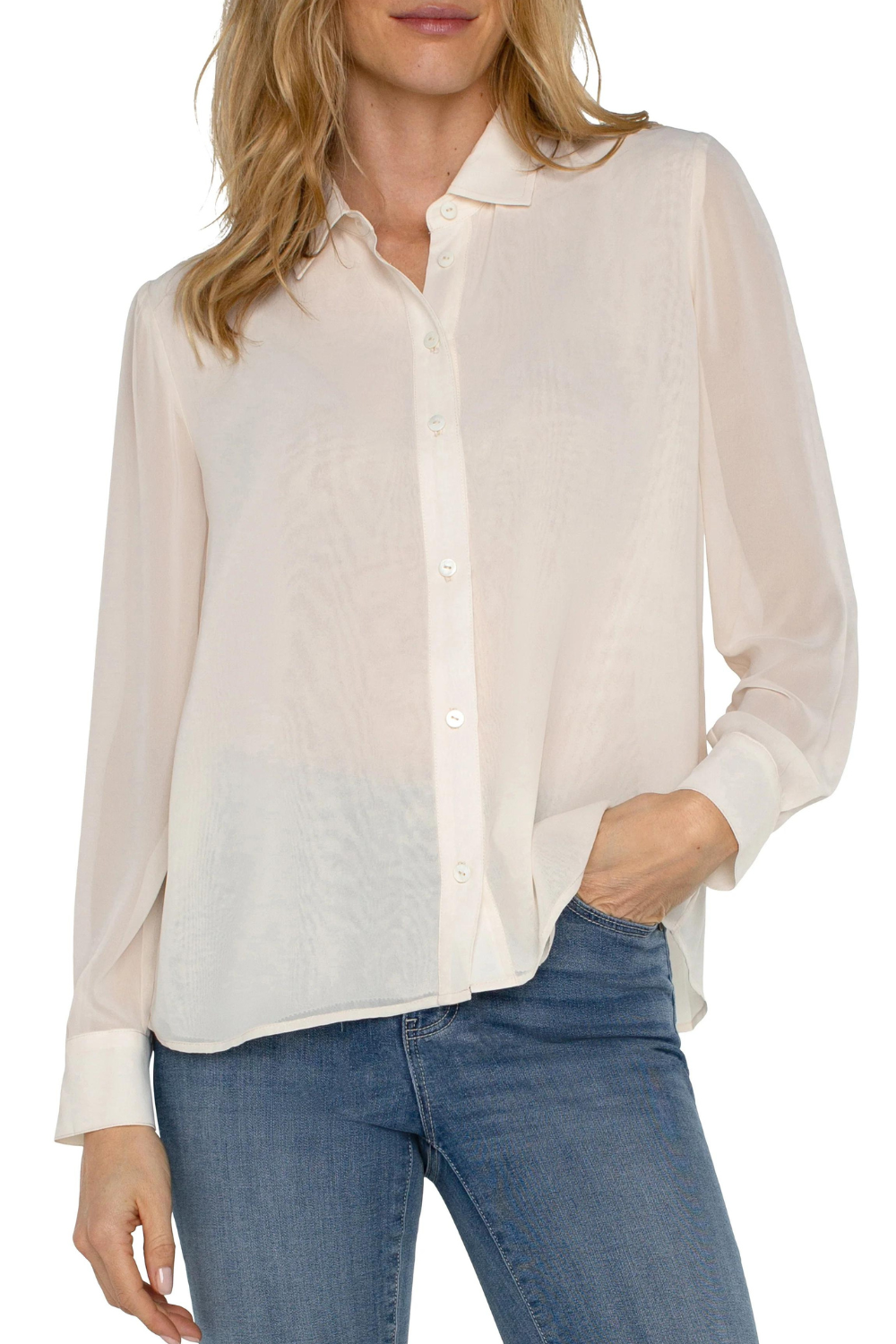 Liverpool Long Sleeve Woven Shirt w/ Pleat Back Detail - Cream