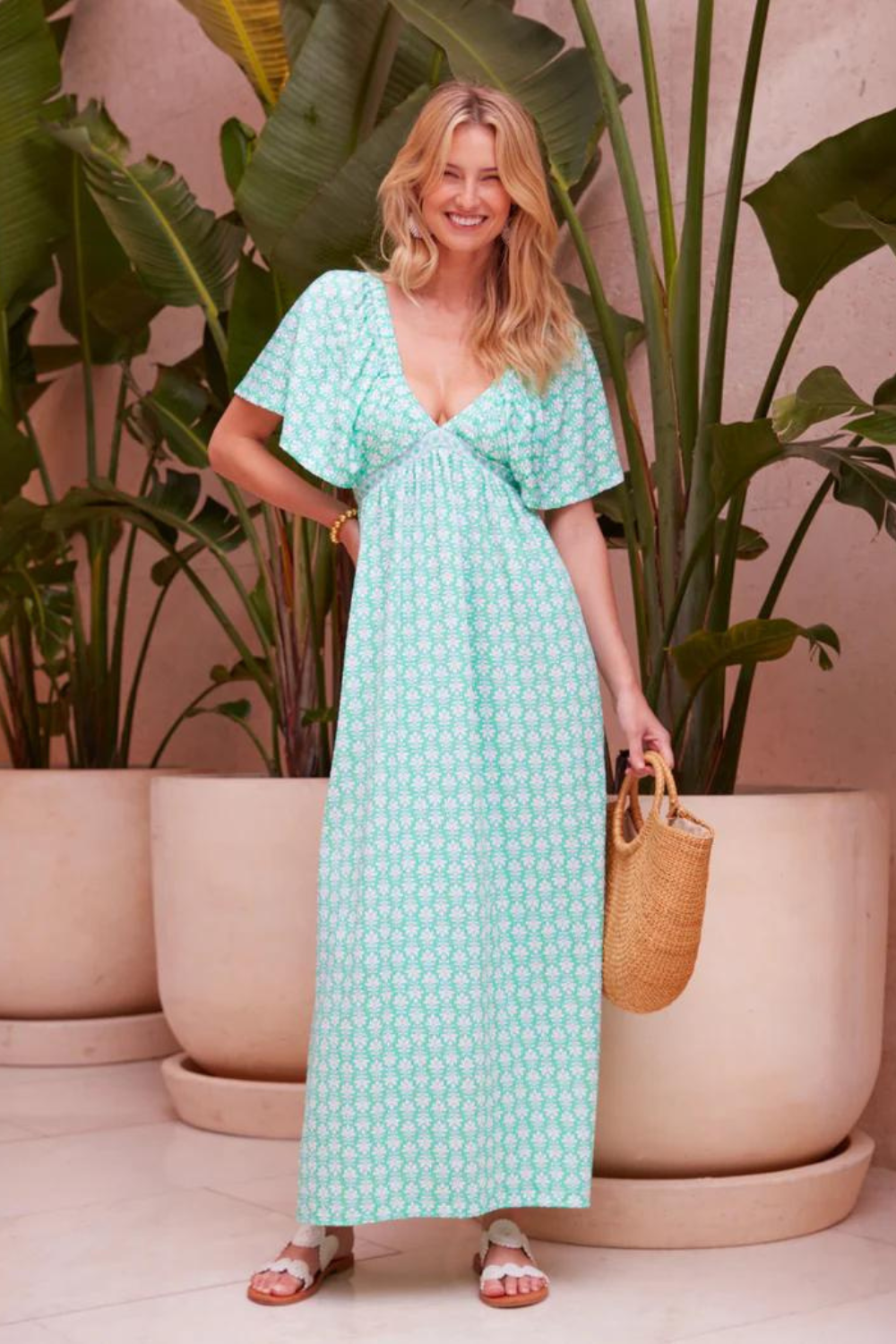 Cabana Life Deep V Flutter Sleeve Maxi - Cote D'Azur