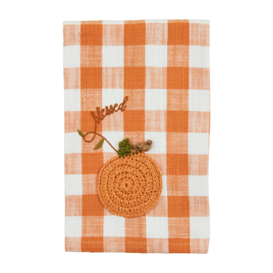 Mud Pie Crochet Pumpkin Check Towel