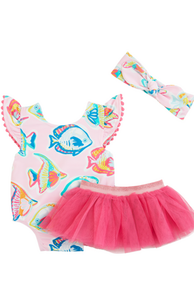 Mud Pie Pink Fish/Stripe Reversible Swimsuit & Tutu - The Cottage