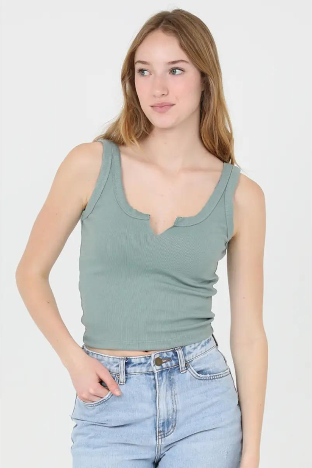 Angie Notch Neck Rib Tank - Sage Green