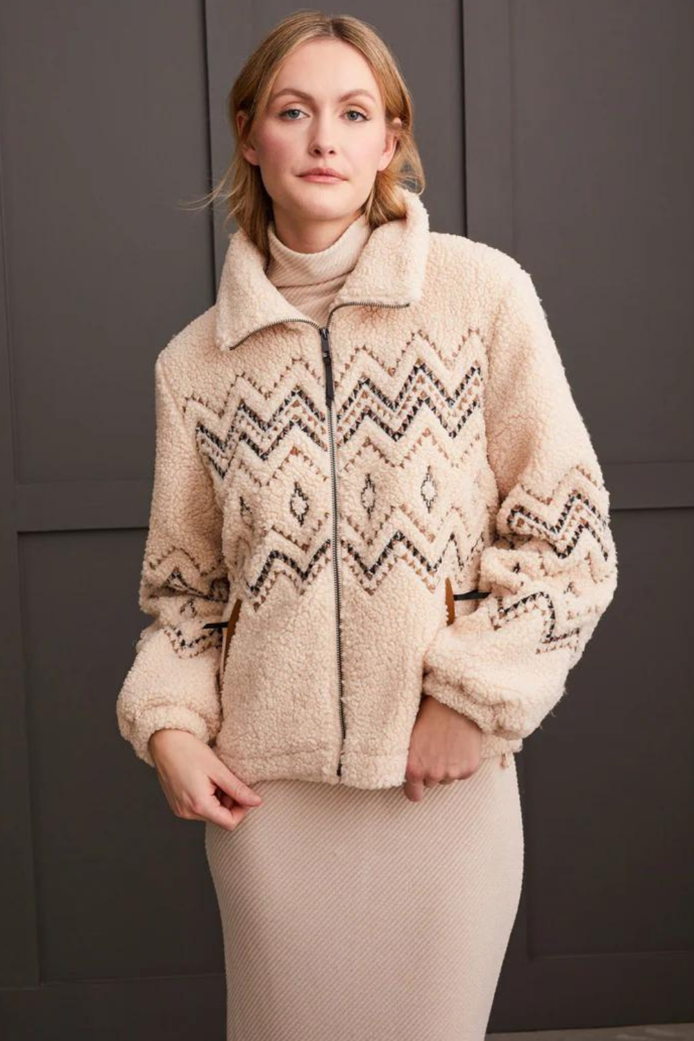 Tribal Lined Zip-Up Jacket w/ Embroidery - Latte