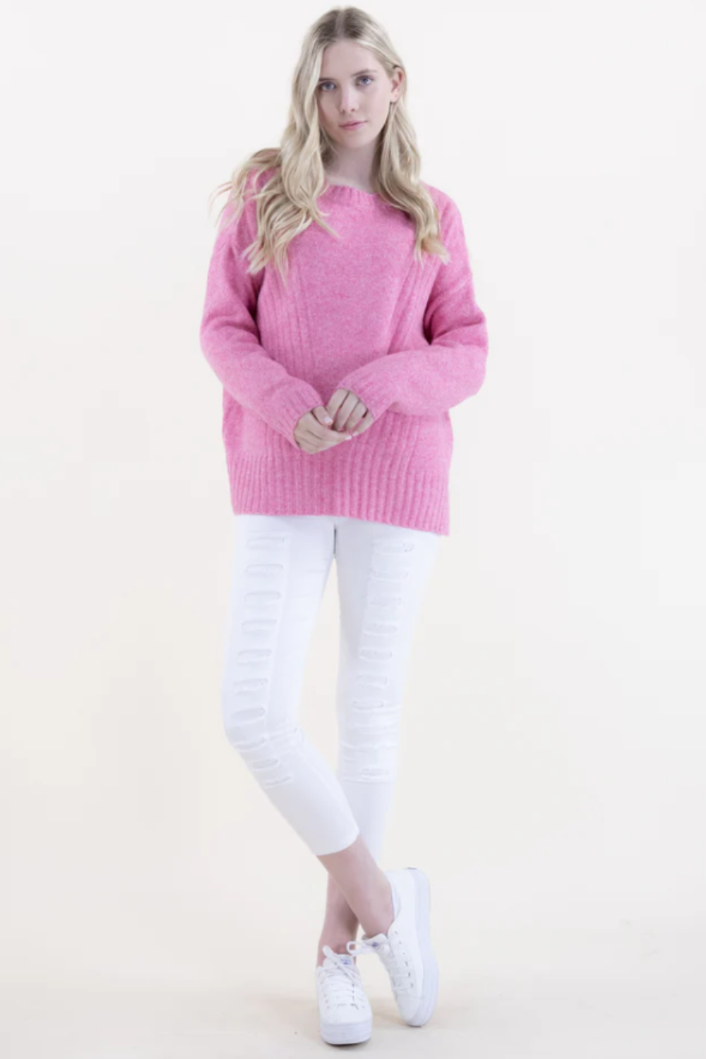 Very Moda Crew Sweater w/ Ribbed Details - Fuchsia