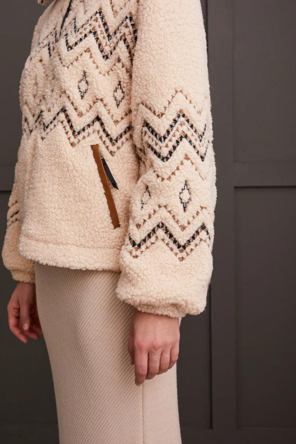 Tribal Lined Zip-Up Jacket w/ Embroidery - Latte