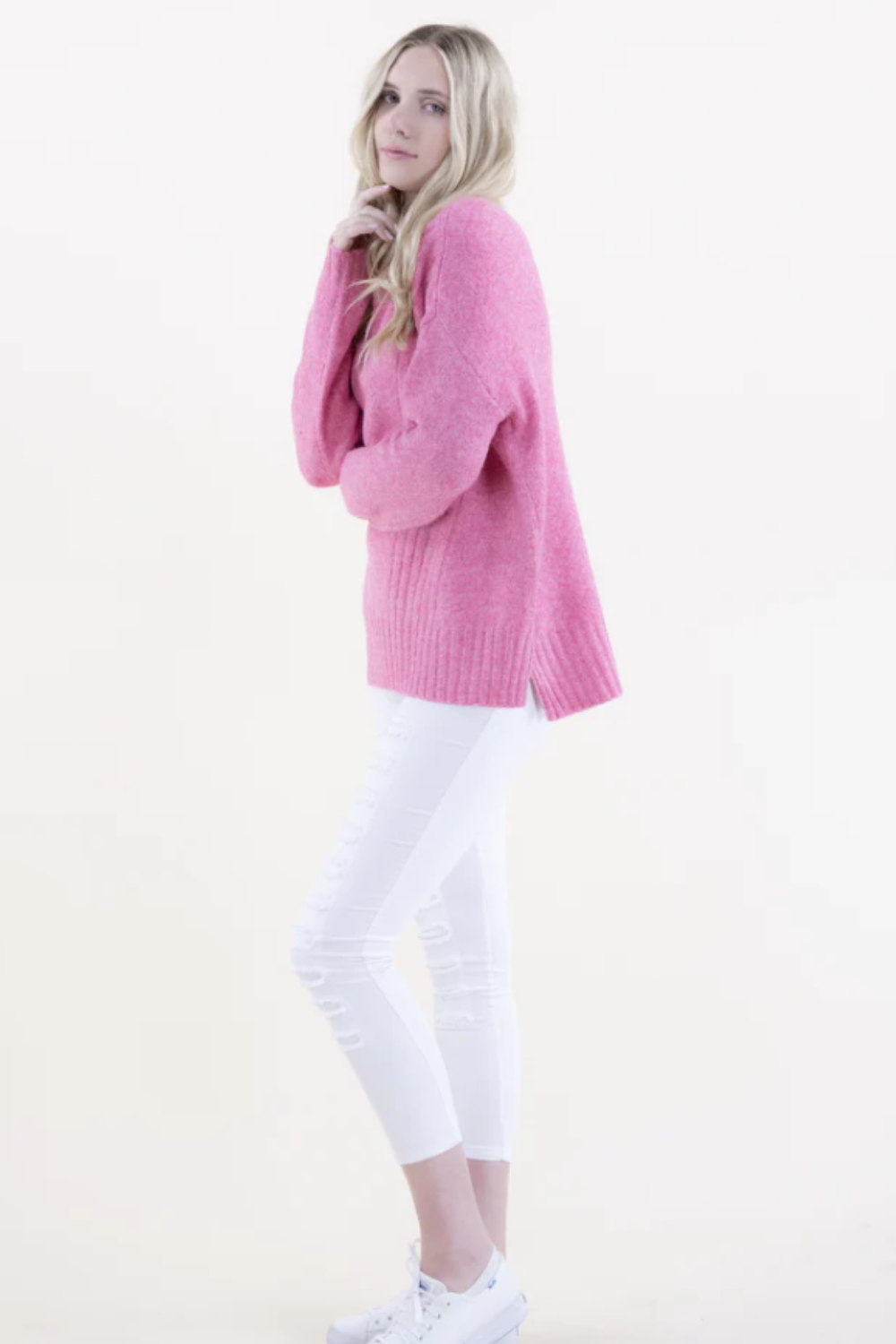 Very Moda Crew Sweater w/ Ribbed Details - Fuchsia