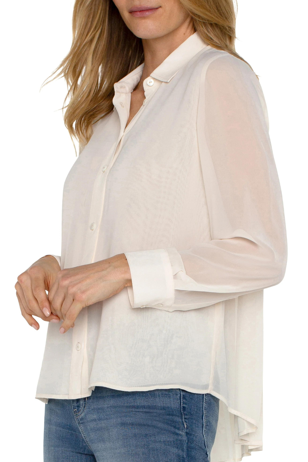 Liverpool Long Sleeve Woven Shirt w/ Pleat Back Detail - Cream