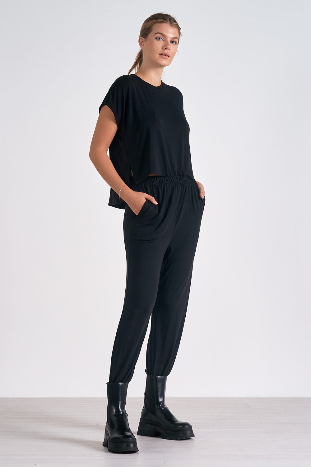 Elan Black Short-sleeved Jumpsuit