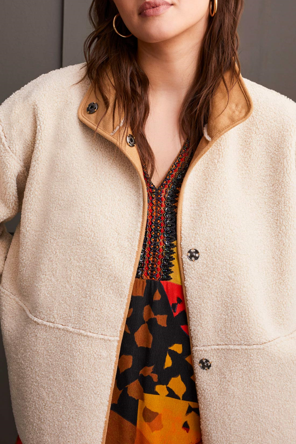 Tribal Snap Front Reversible Coat - Tan