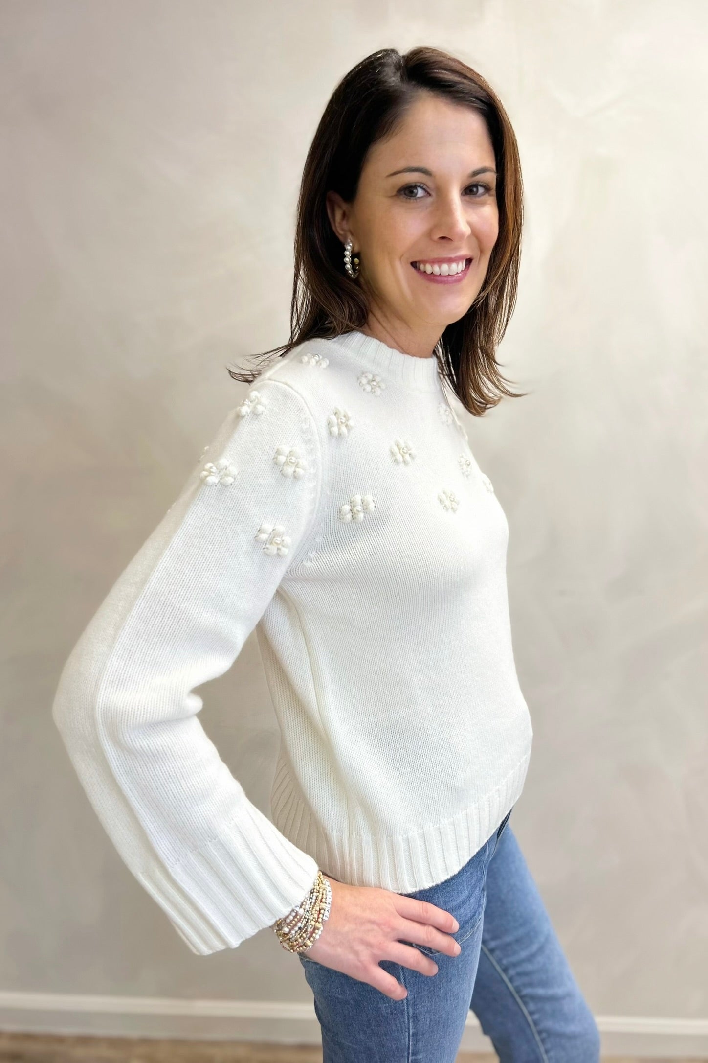 Alashan Pearl Bobble Cluster Crew Neck