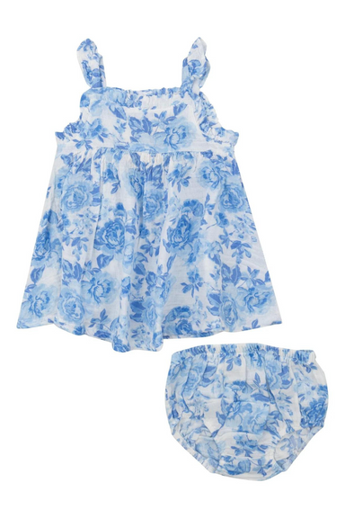 Angel Dear Ruffle Sleeve Sundress Set - Roses in Blue - The Cottage