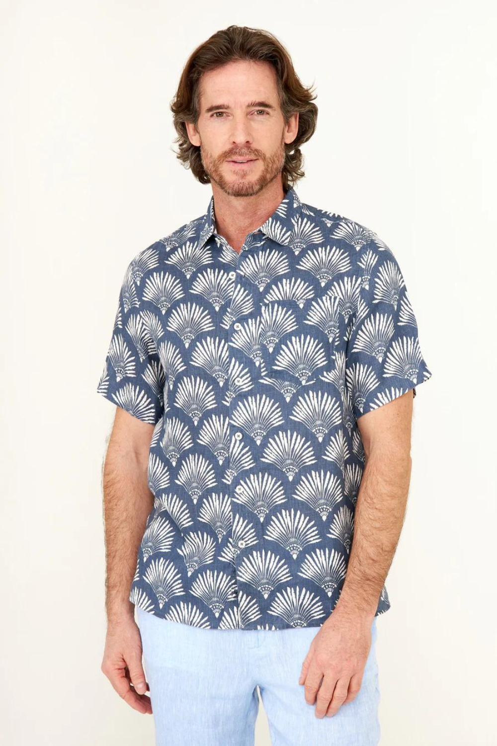 HIHO Short Sleeve Irie Linen Shirt - Indigo Fan Print