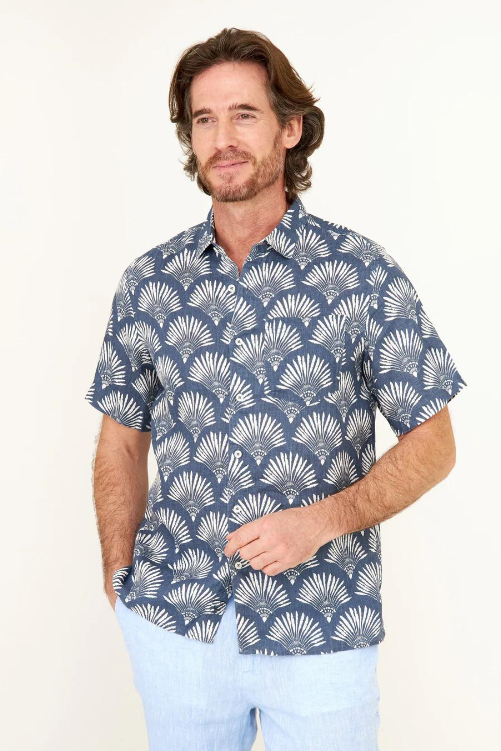 HIHO Short Sleeve Irie Linen Shirt - Indigo Fan Print