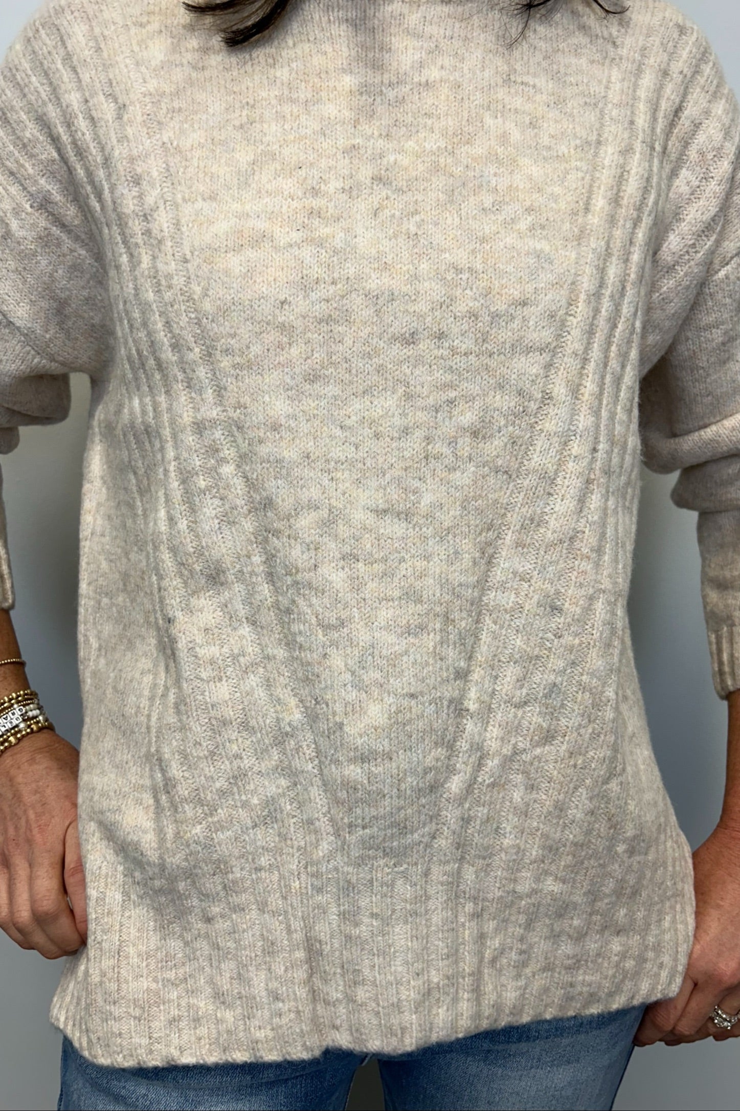 Crew Sweater w/ Ribbed Details - Beige