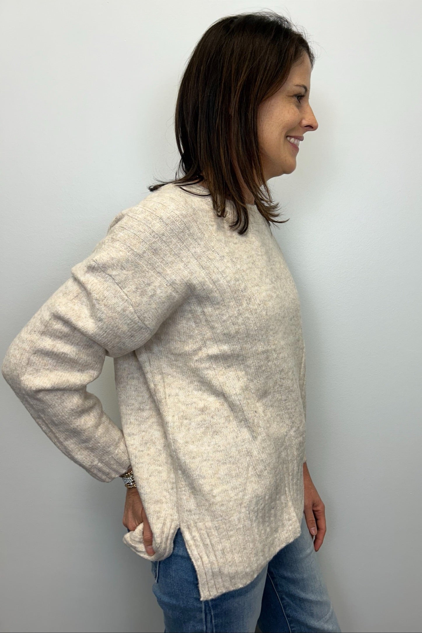 Crew Sweater w/ Ribbed Details - Beige