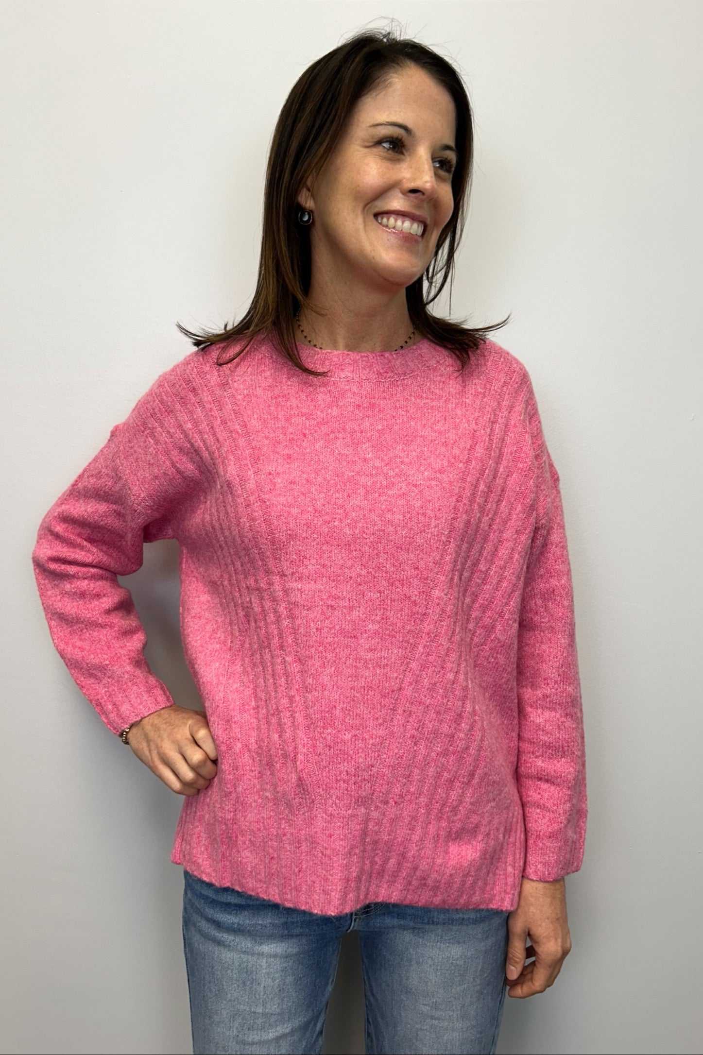 Crew Sweater w/ Ribbed Details - Fuchsia