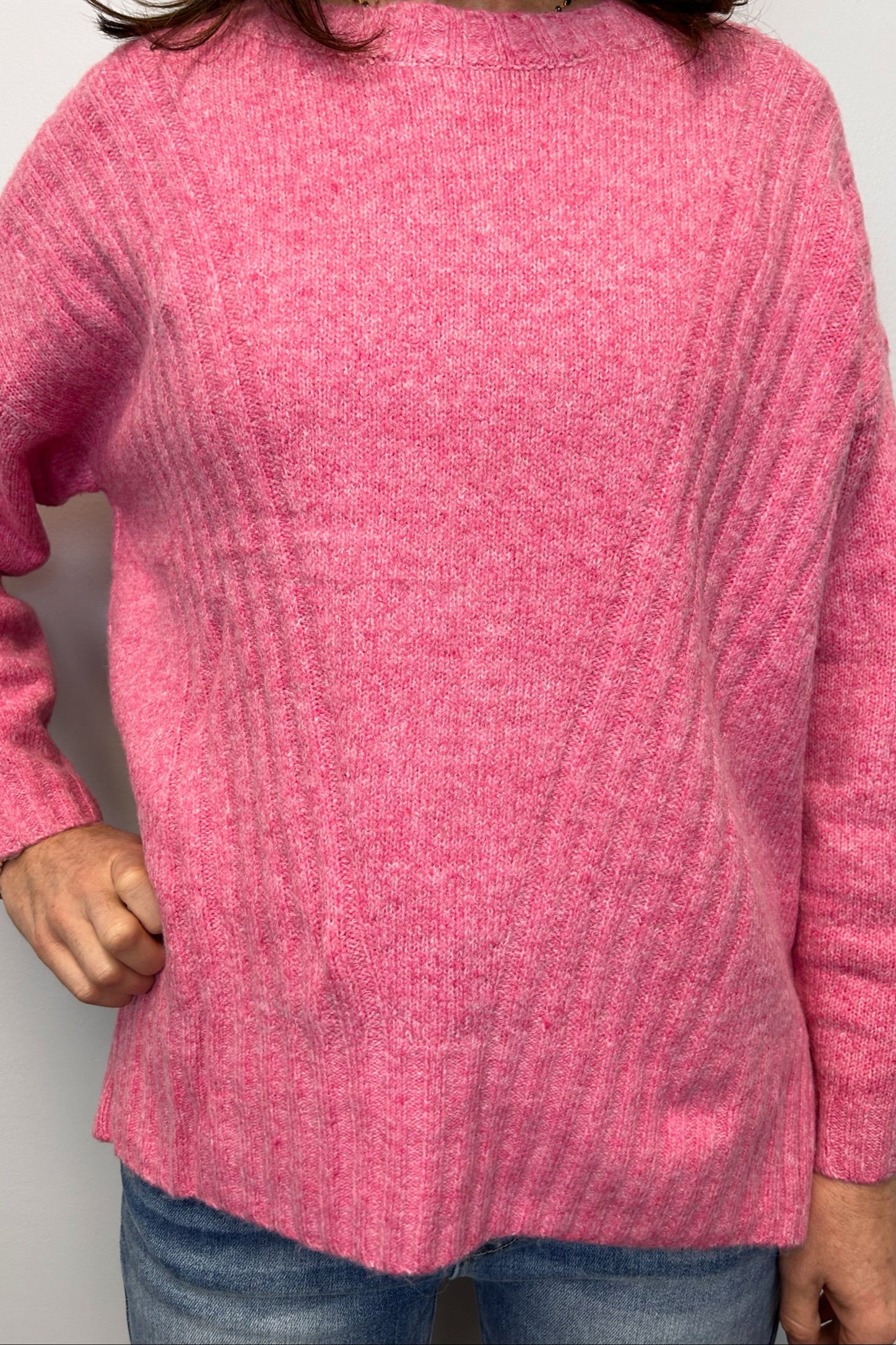 Crew Sweater w/ Ribbed Details - Fuchsia