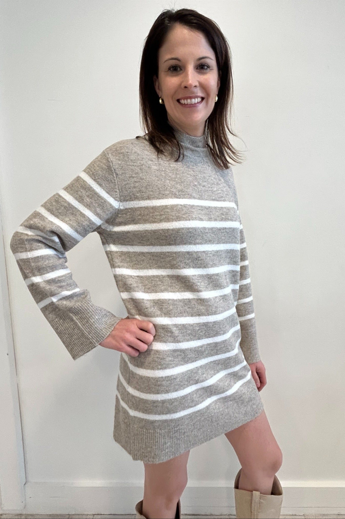 Z Supply Fin Stripe Sweater Dress - Heather Taupe