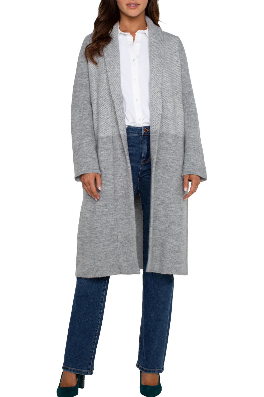 Liverpool Open Front Shawl Sweater Coat - Grey Patterend