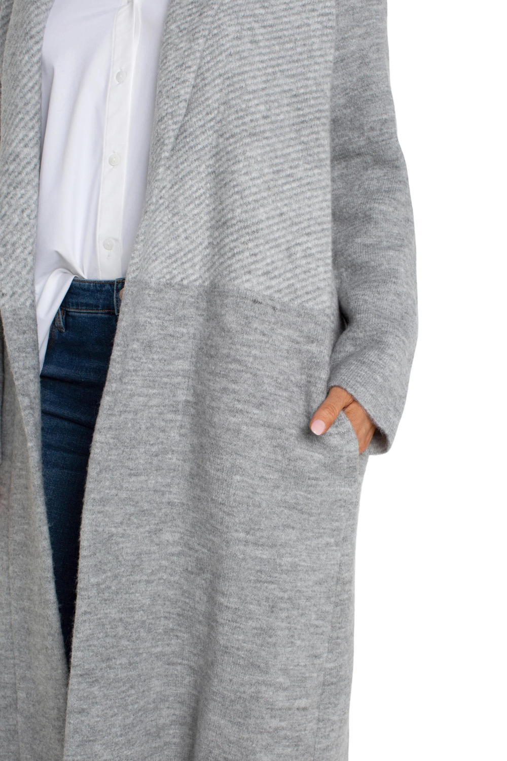 Liverpool Open Front Shawl Sweater Coat - Grey Patterend