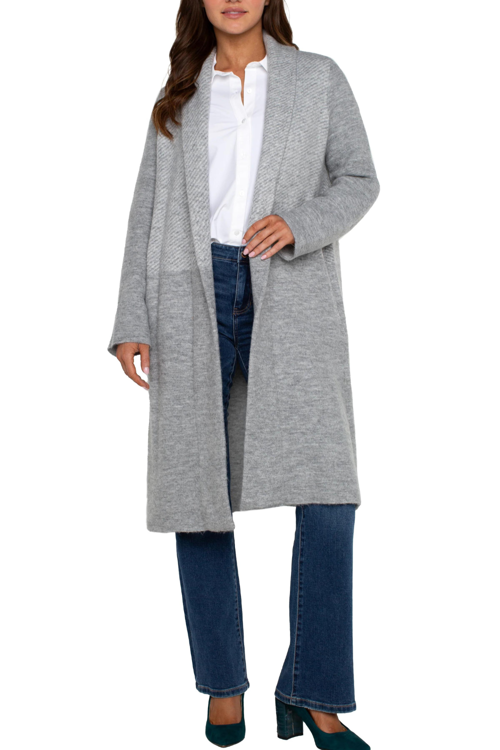 Liverpool Open Front Shawl Sweater Coat - Grey Patterend