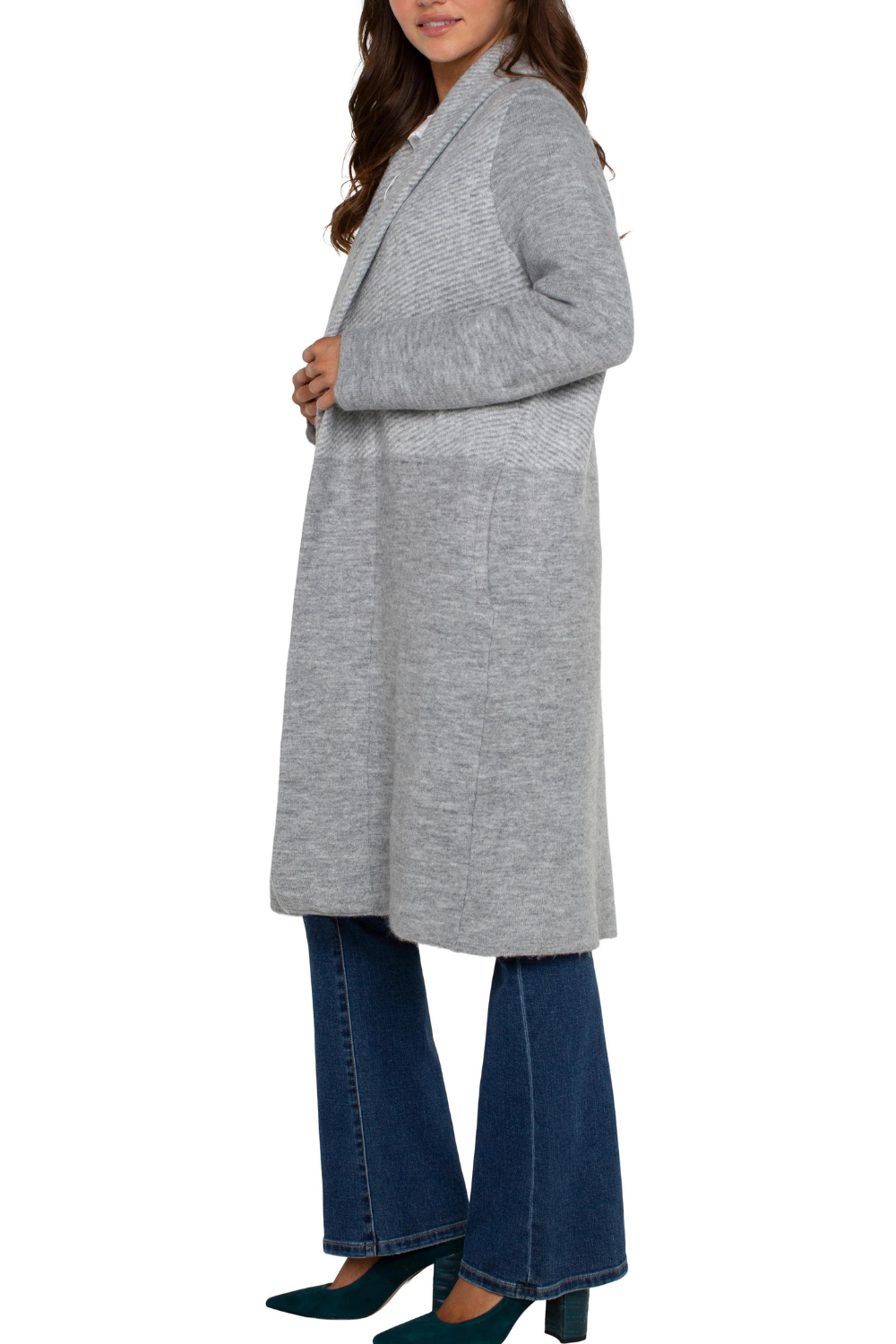 Liverpool Open Front Shawl Sweater Coat - Grey Patterend