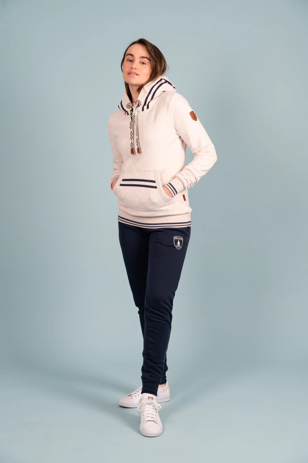 Wanakome Mikki Stripe Trim Hoodie - Heather Oatmeal