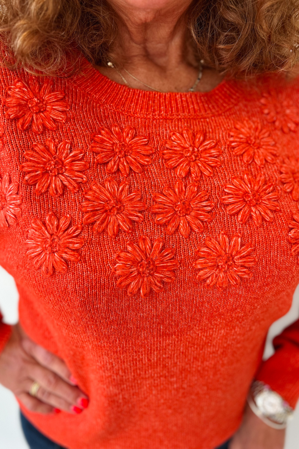 Tribal Crew Neck Sweater w/ Embroidery - Crimson