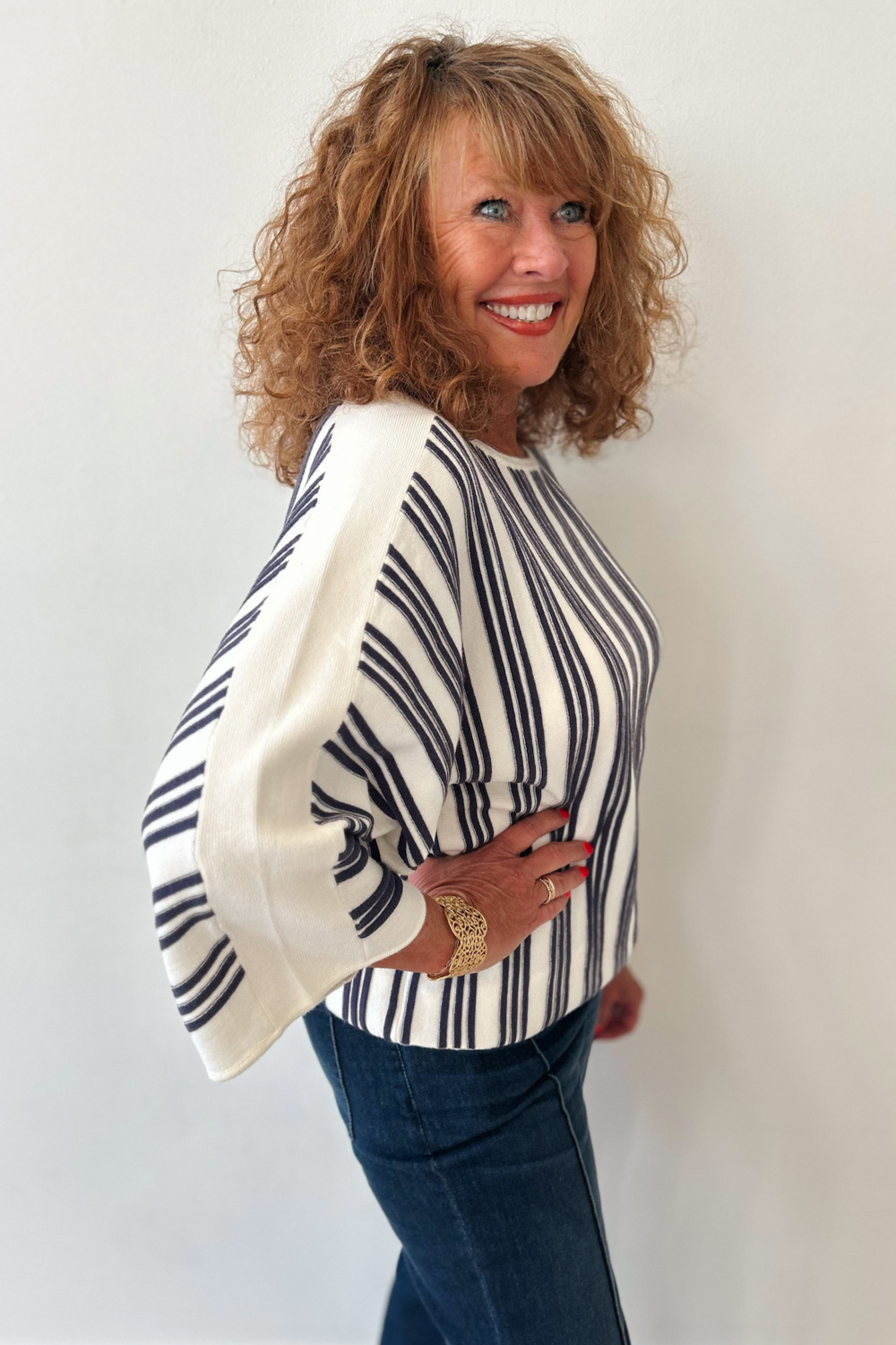 Liverpool 3/4 Sleeve Boat Neck Dolman Sweater - Cream & Navy Stripe