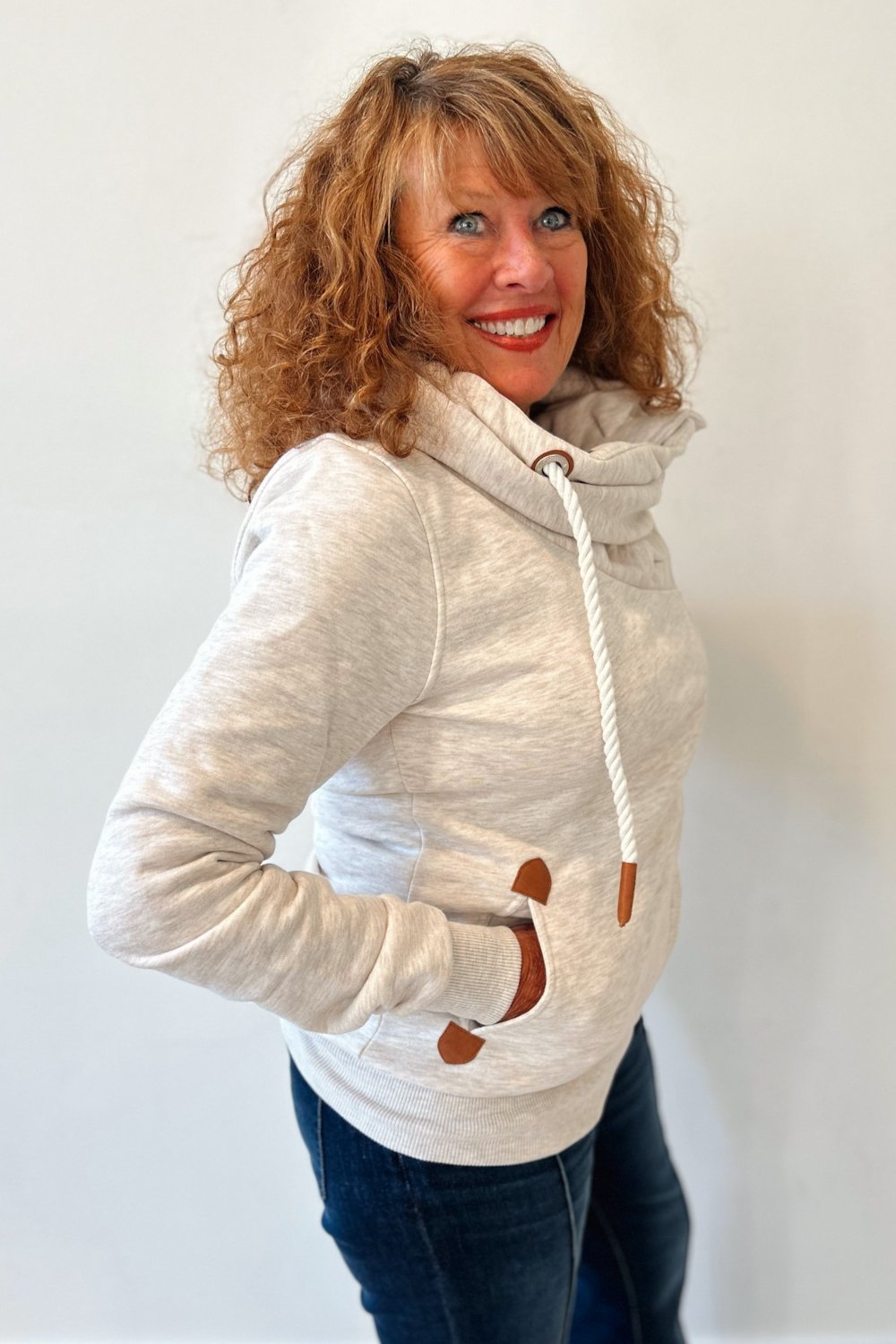 Wanakome Hestia Zip Cowl Neck Sweatshirt - Heather Oatmeal