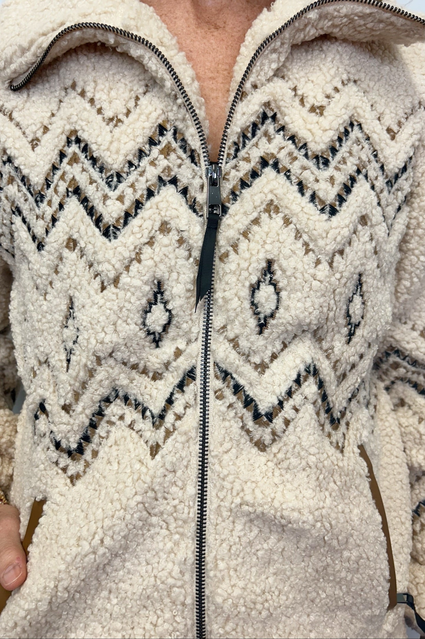 Tribal Lined Zip-Up Jacket w/ Embroidery - Latte