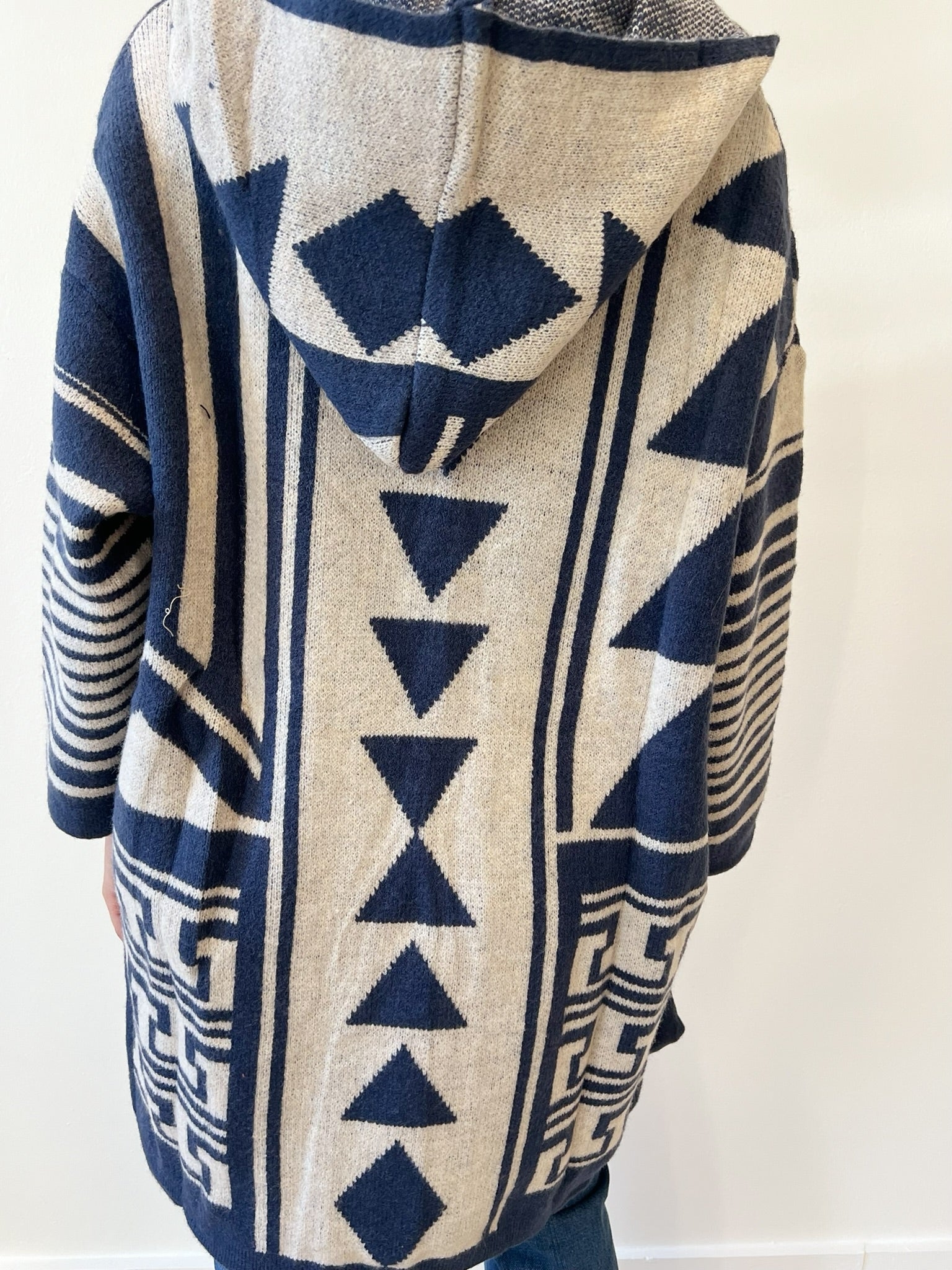 Geometric Hooded Cardigan - Navy