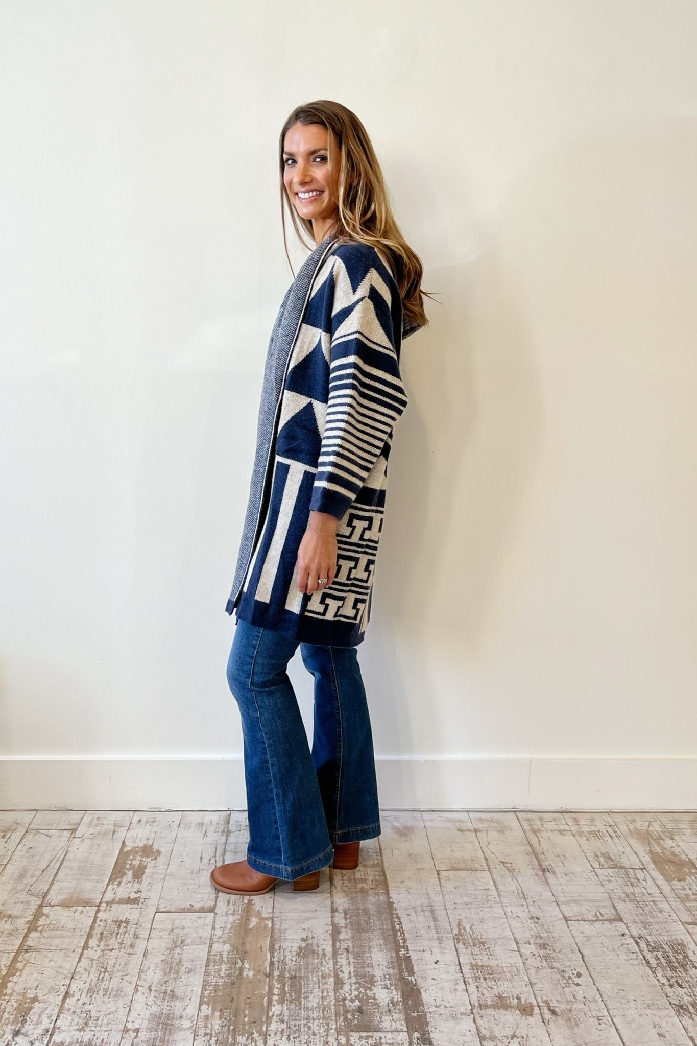 Geometric Hooded Cardigan - Navy