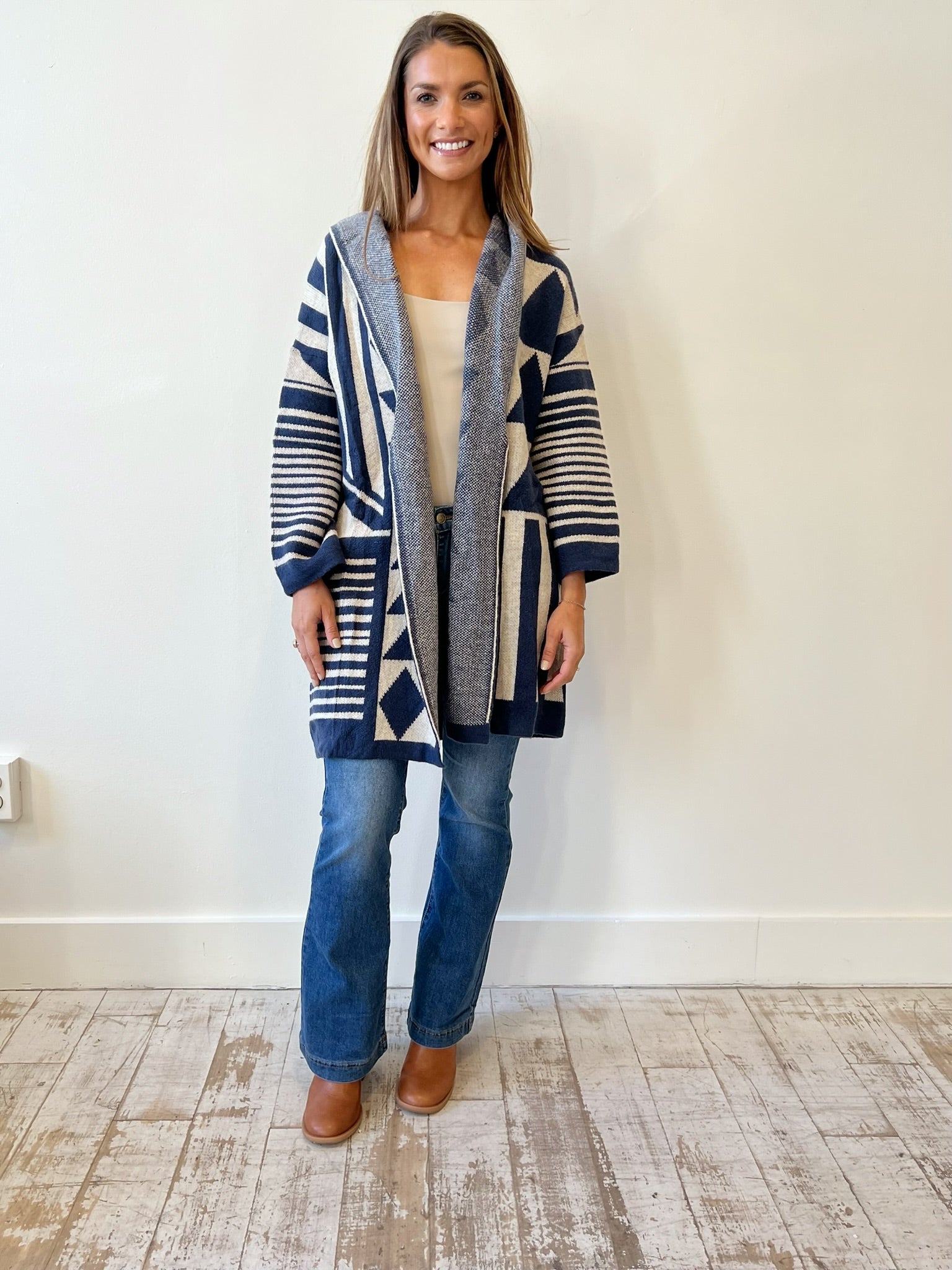 Geometric Hooded Cardigan - Navy