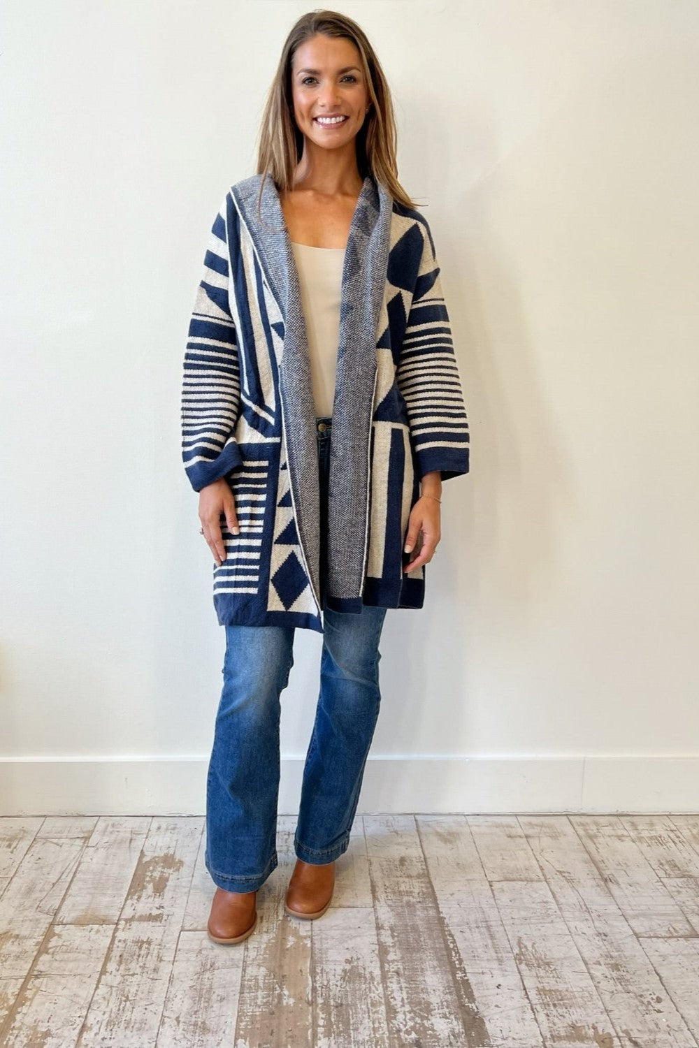 Geometric Hooded Cardigan - Navy