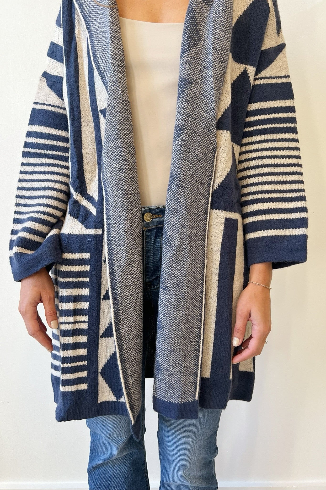 Geometric Hooded Cardigan - Navy