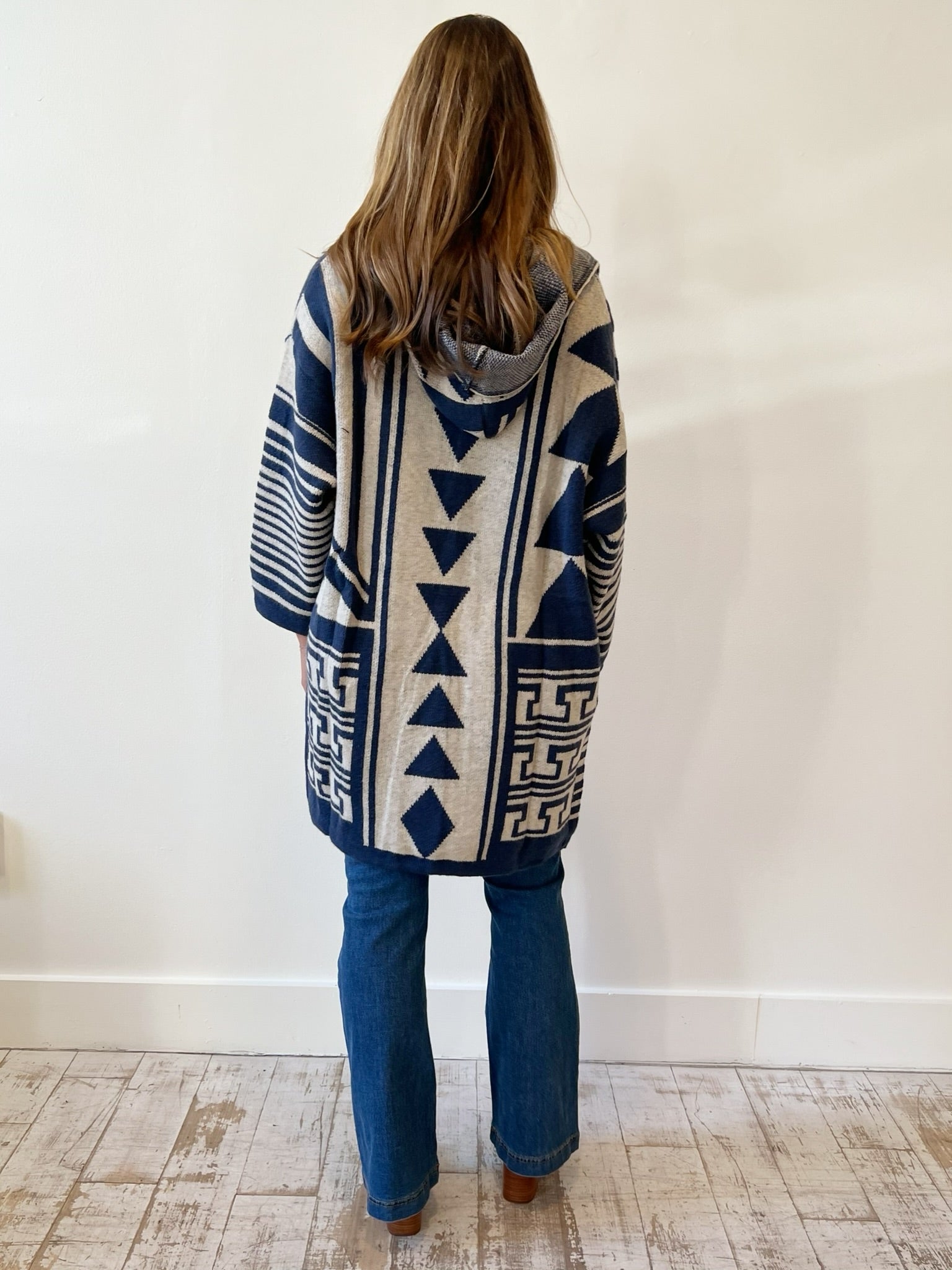 Geometric Hooded Cardigan - Navy