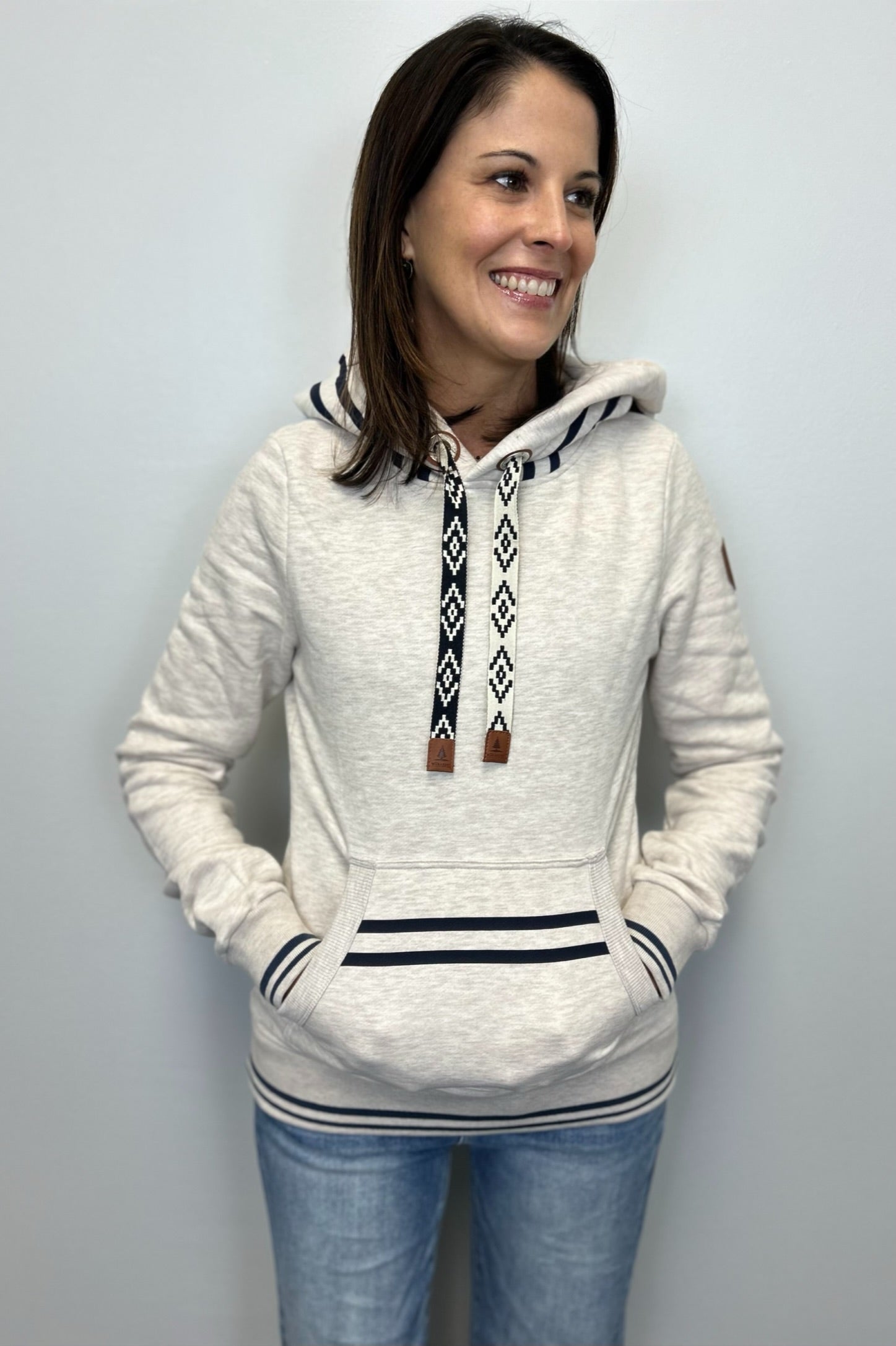 Wanakome Mikki Stripe Trim Hoodie - Heather Oatmeal