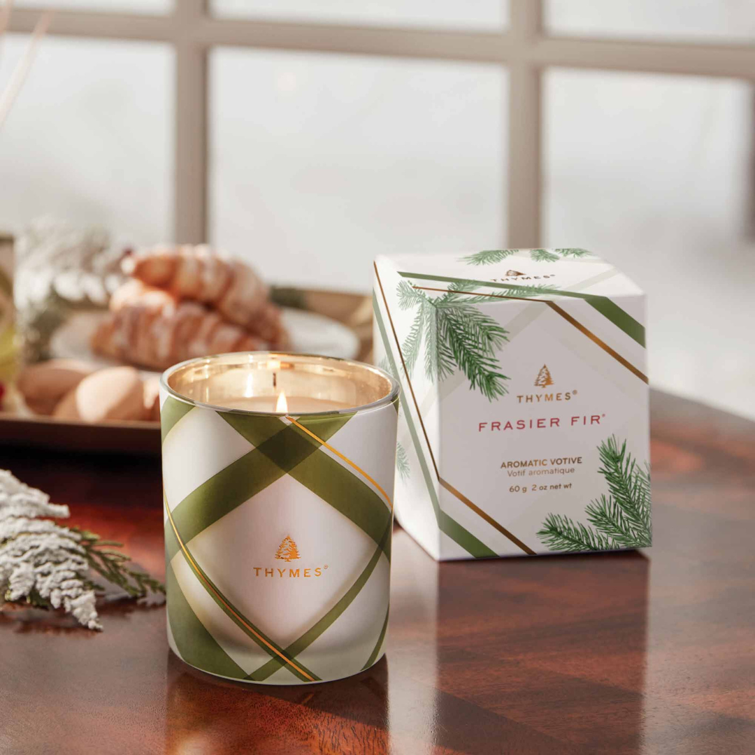 Thymes Frasier Fir Frosted Plaid Votive Candle - The Cottage