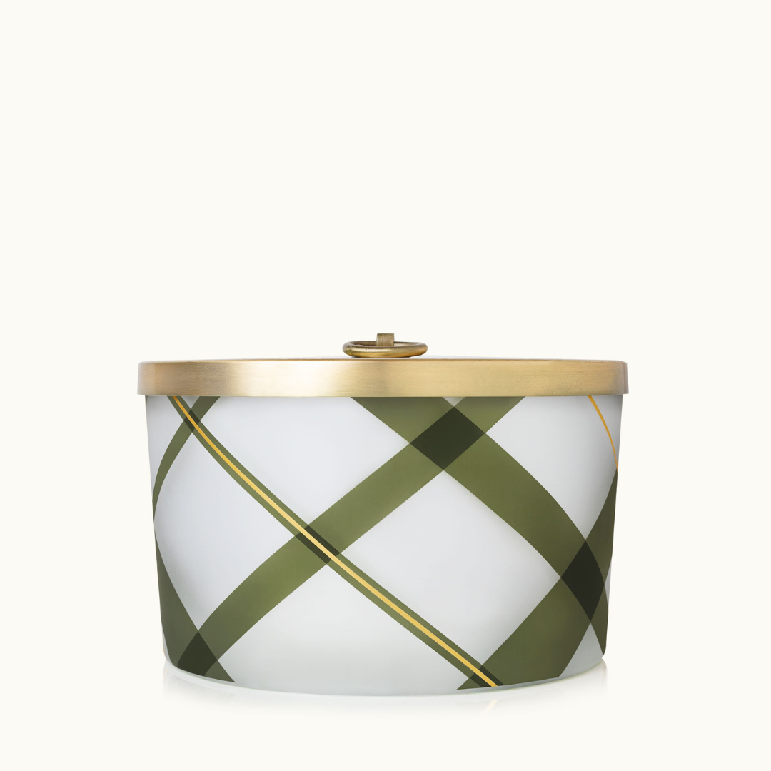 Thymes Frasier Fir Frosted Plaid 3-Wick Candle - The Cottage