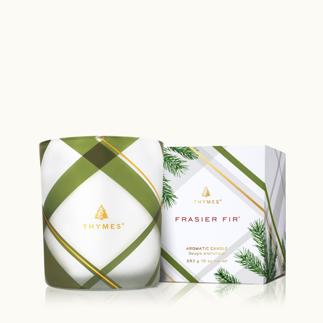 Thymes Frasier Fir Frosted Plaid Medium Candle - The Cottage