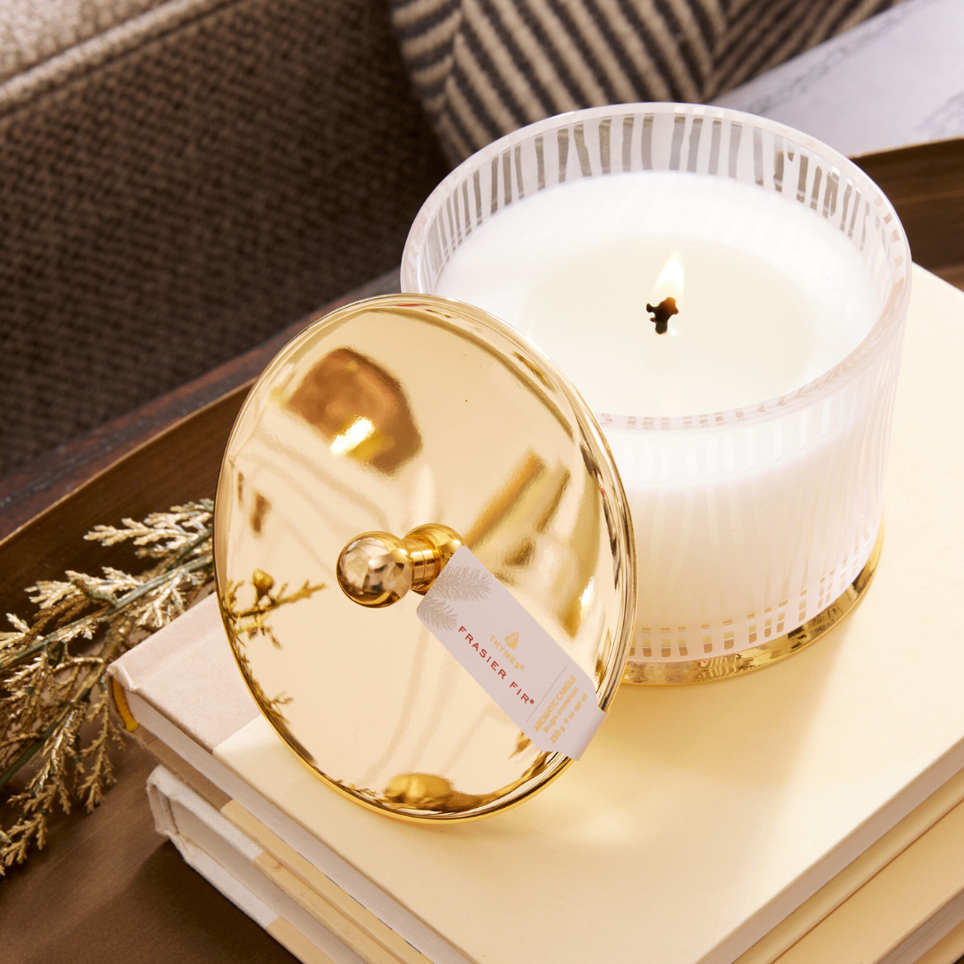 Thymes Frasier Fir Gilded Frosted Wood Grain Candle - The Cottage