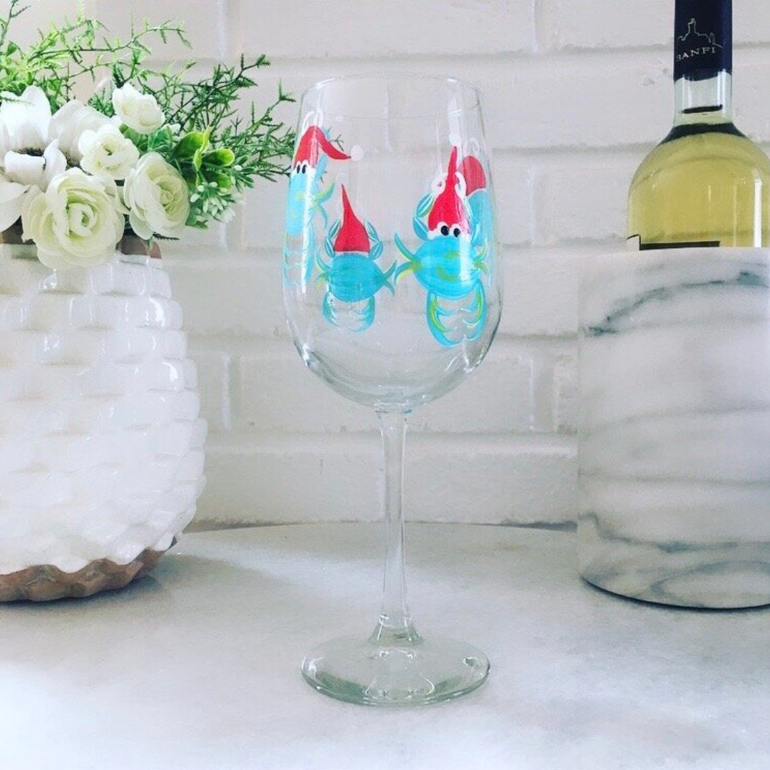 Wine by Design Hand-painted Santa Crab Wine Glass