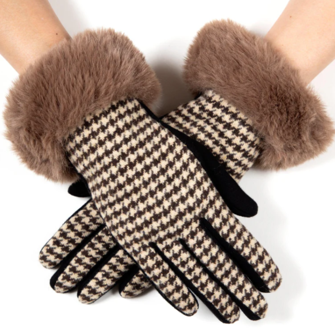 Faux Fur Cuff Mini Houndstooth Gloves