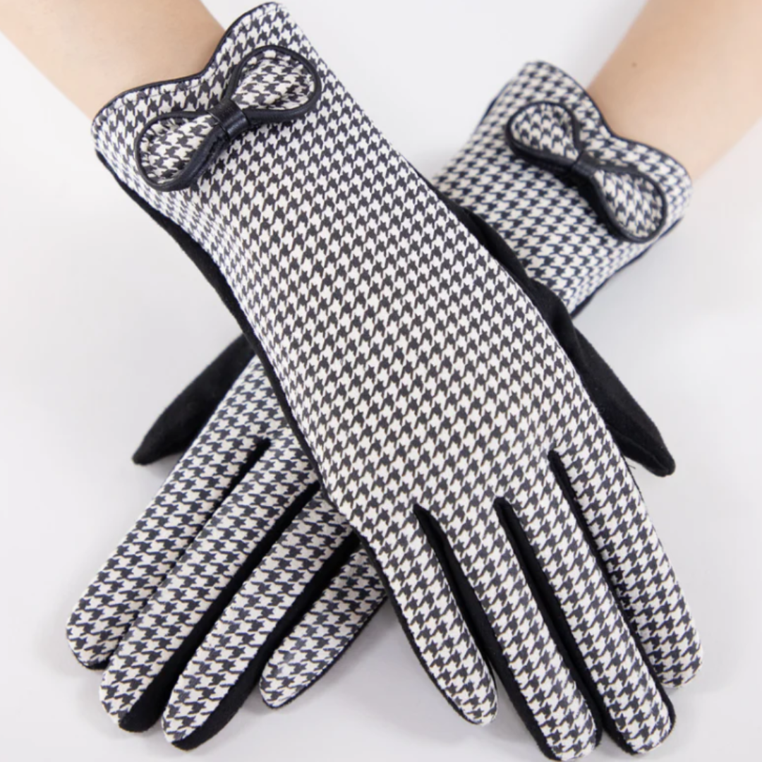 Small Houndstooth Gloves w/ Bow - Black