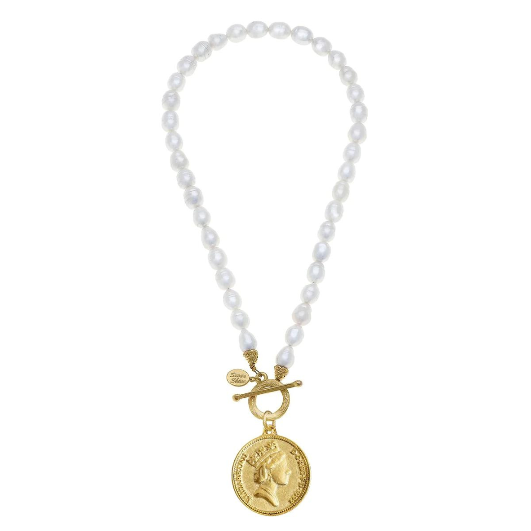 Susan Shaw Queen Elizabeth Coin Pearl Toggle Necklace - Gold - The Cottage